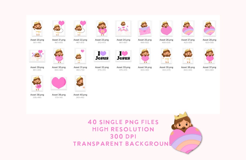 Pu&ograve; includere: Un set di 40 immagini clipart digitali che presentano un'illustrazione di cartone animato di Ges&ugrave; con una corona e che tiene un cuore. Le immagini sono in formato PNG con uno sfondo trasparente.
