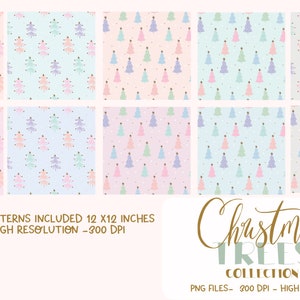 May include: Ten digital paper patterns featuring pastel colored Christmas trees on a white background with small white dots. The patterns are 12 inches by 12 inches and 300 DPI.