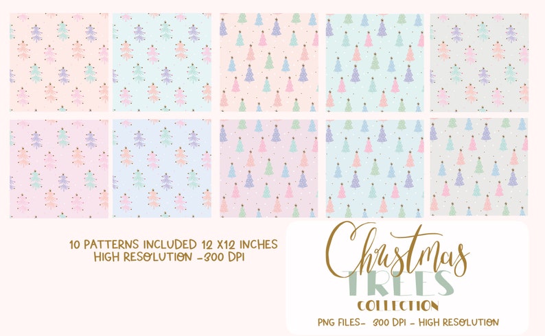 May include: Ten digital paper patterns featuring pastel colored Christmas trees on a white background with small white dots. The patterns are 12 inches by 12 inches and 300 DPI.