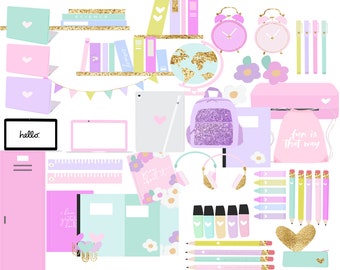 Back to School Pastel Glitter PNG -  Student Kids Art Supplies - School Clipart - Cute Pastel Glitter Clipart- Office Clipart - 61 PNG Files