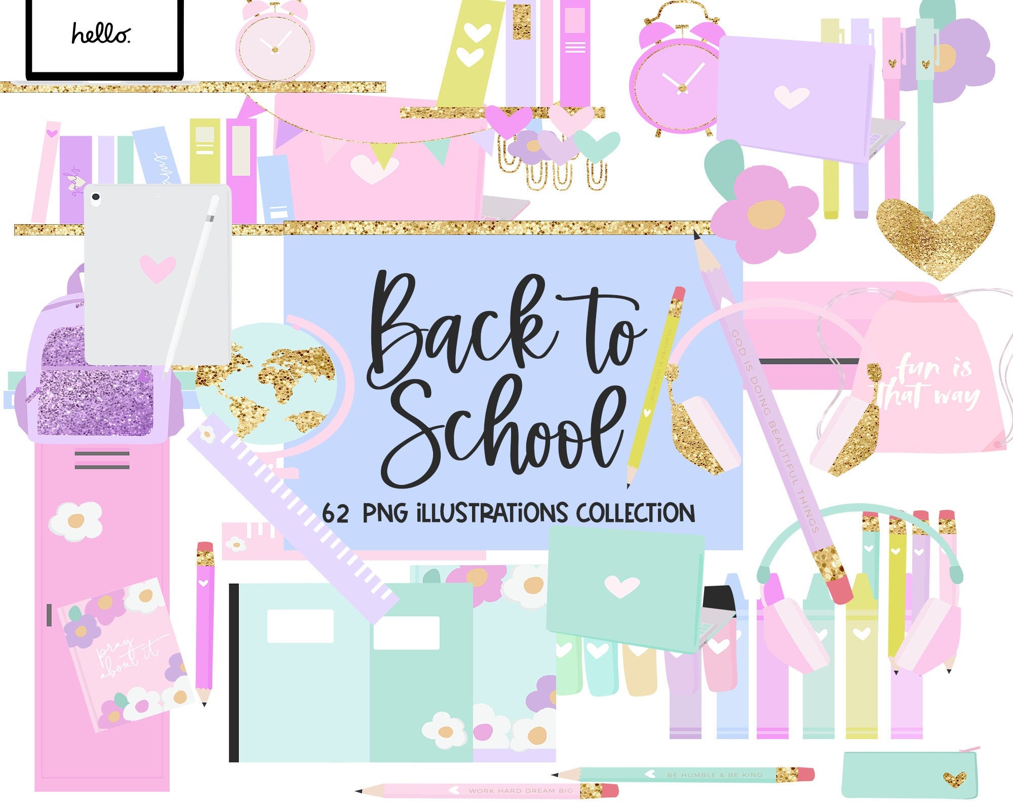 Back to School Pastel Glitter PNG Student Kids Art Supplies Etsy UK
