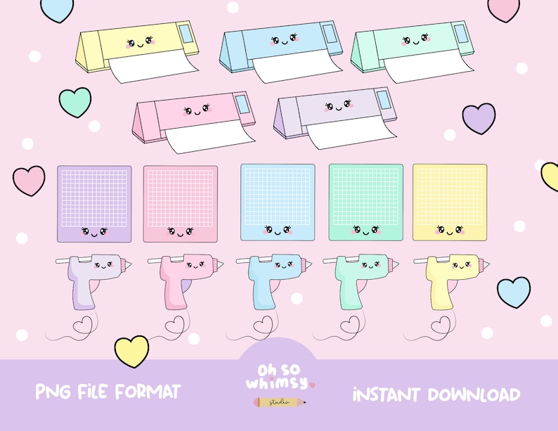 May include: A set of six digital cutting machine clipart images in various pastel colors. The images include a cutting machine, a cutting mat, and a glue gun. Each image has a cute cartoon face with eyes, a mouth, and rosy cheeks. The text "Oh so whimsy" is included in the image.