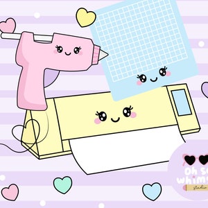 May include: A yellow and white craft cutting machine with a white cutting mat, a pink glue gun with a happy face, and a blue gridded cutting mat. The machine and tools are surrounded by pink, blue, and yellow hearts. The text "Oh so whimsy studio" is in a pink circle with sunglasses.