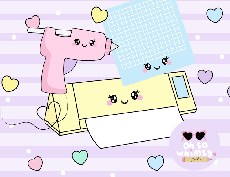 May include: A yellow and white craft cutting machine with a white cutting mat, a pink glue gun with a happy face, and a blue gridded cutting mat. The machine and tools are surrounded by pink, blue, and yellow hearts. The text "Oh so whimsy studio" is in a pink circle with sunglasses.