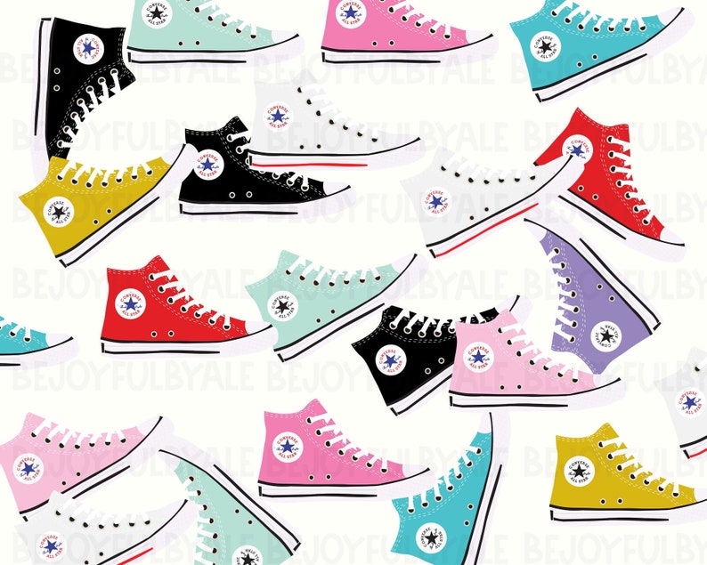 May include: A seamless pattern featuring various colored high-top sneakers with white laces and a white star logo. The sneakers are in shades of red, yellow, blue, green, pink, black, and purple.