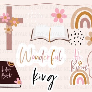 May include: A collection of Christian-themed stickers with a cross, flowers, rainbows, an open book, and a Bible. The stickers include the words "Wonderful", "He is Risen", and "King". The color palette includes shades of brown, pink, and beige.