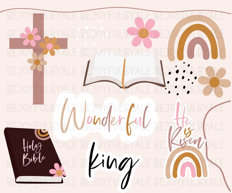 May include: A collection of Christian-themed stickers with a cross, flowers, rainbows, an open book, and a Bible. The stickers include the words "Wonderful", "He is Risen", and "King". The color palette includes shades of brown, pink, and beige.