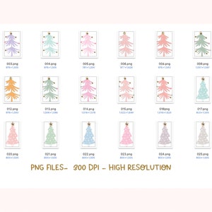 May include: A set of 25 digital illustrations of pastel-colored Christmas trees with gold star toppers and gold ornaments. The trees are arranged in a grid pattern on a white background. PNG FILES - 300 DPI - HIGH RESOLUTION.
