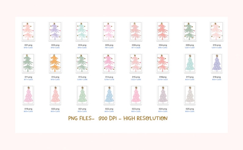 May include: A set of 25 digital illustrations of pastel-colored Christmas trees with gold star toppers and gold ornaments. The trees are arranged in a grid pattern on a white background. PNG FILES - 300 DPI - HIGH RESOLUTION.