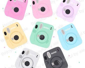 May include: A set of nine instant cameras in various colors, including pink, yellow, green, blue, gray, and black. Each camera has the word "instax" printed on it.