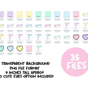 May include: A set of 35 digital clipart images featuring cute pastel-colored designs. The images include hearts, squares, and a hot glue gun. The images are transparent and are approximately 9 inches tall.