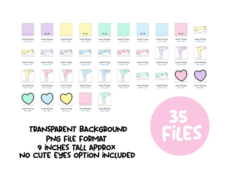 May include: A set of 35 digital clipart images featuring cute pastel-colored designs. The images include hearts, squares, and a hot glue gun. The images are transparent and are approximately 9 inches tall.