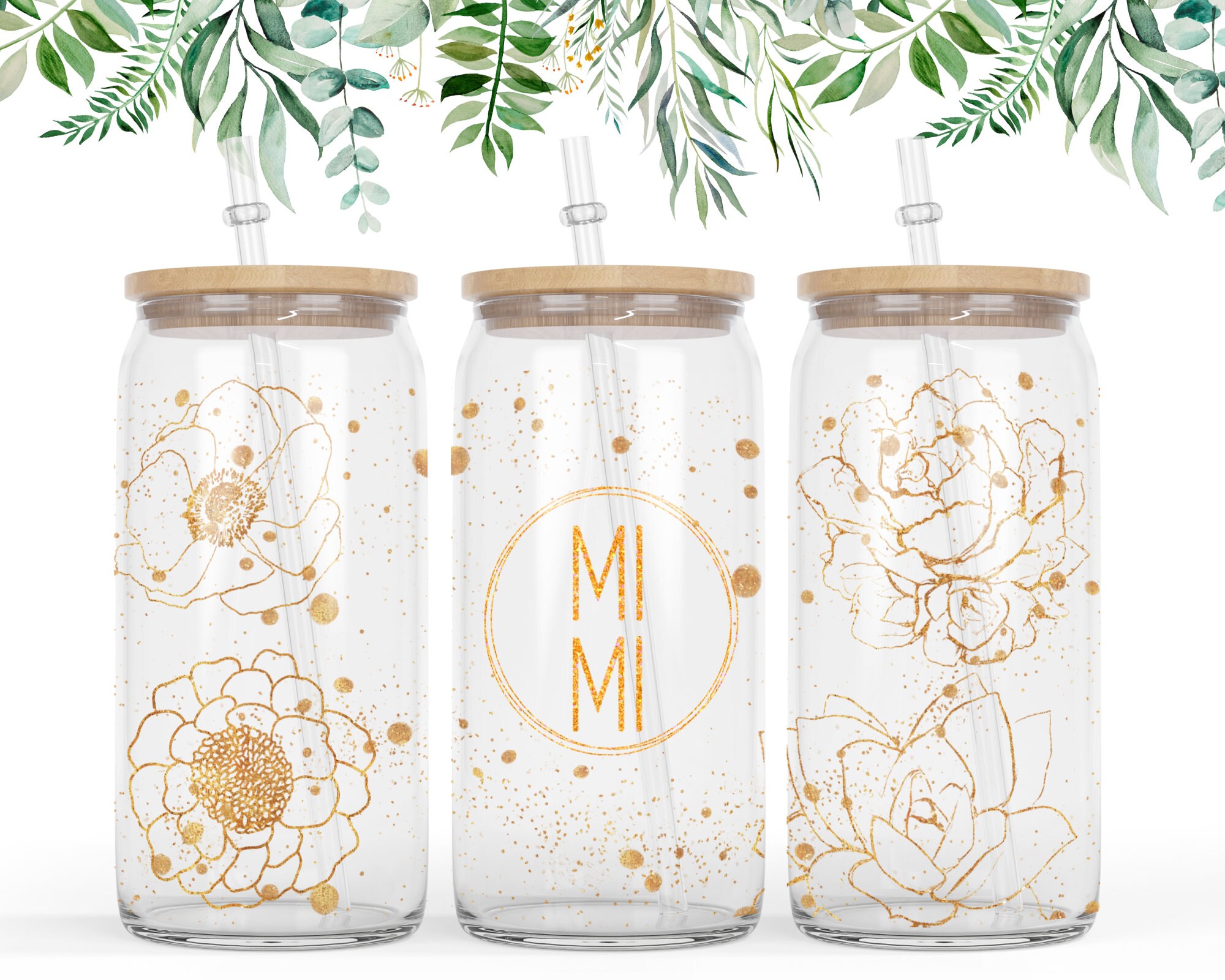 16oz Glass Can Cutfile Rose gold Floral glitter 16oz Libby Glass can ...