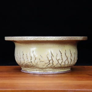 May include: A light yellow ceramic bowl with a textured exterior and a decorative rim. The bowl is set on a wooden surface against a black background. The bowl's design features vertical, crack-like patterns. The bowl is likely for decorative use.