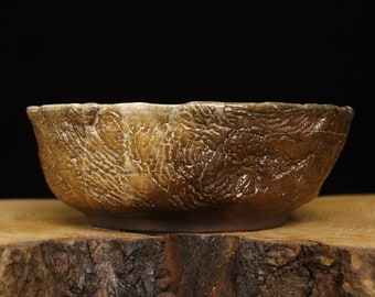 Roundish bonsai pot with highly textured surface (8 3/4")