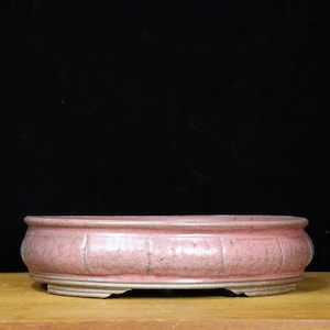 May include: A low, oval-shaped bonsai pot in a dusty rose color. The ceramic pot has a textured surface with vertical indentations and a wide, rounded rim. The base is a lighter shade of gray.