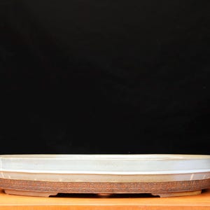 Op de afbeelding: Een keramische bonsai pot met een rechthoekige vorm en een licht kleurenpalet. De pot heeft een wit bovenstuk, een bruin middenstuk en een bruine, getextureerde basis. De pot staat tegen een zwarte achtergrond.