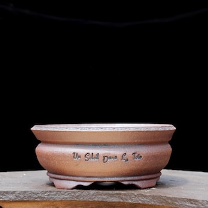 May include: A brown ceramic bonsai pot with a wide, shallow design. The pot has a slightly textured surface and a rounded shape with a flat rim. The text "Un Soleil Dans La Tete" is inscribed on the side. The pot sits on a stone surface against a black background.