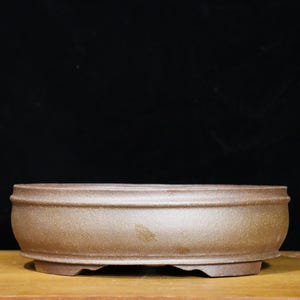 Könnte beinhalten: Braune, ovale Bonsaischale mit strukturierter Oberfläche. Die Schale hat ein breites, flaches Design mit erhöhtem Rand und dunkelbraunem Boden. Die Schale besteht aus Keramik und eignet sich für Bonsai-Bäume.