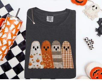 Herfst patchwork spook T-shirt: Comfort Colors Halloween T-shirt, nepborduurwerk