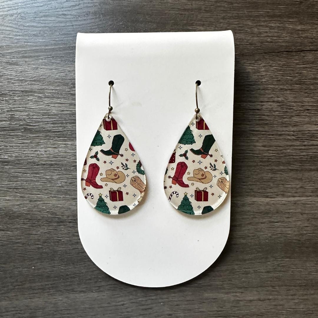 YUJIE Christmas Cowboy Earrings For Women - Dangle Hat & Boot Earrings With Holly, Western Holiday Statement Jewelry