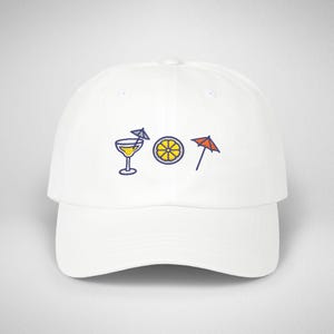 Summer dad hat, embroidered cocktail hat, citrus slice baseball cap, white cotton hat, beach vibes hat, vacation gift, unisex adjustable cap