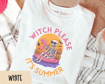 Funny Summerween T-Shirt: Witch Skeleton on Flamingo - Comfort Colors