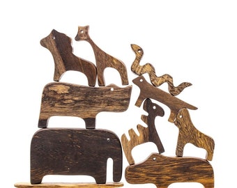 Box of 10 balance wooden wild animals, toddler toys, birthday gift, handmade toys
