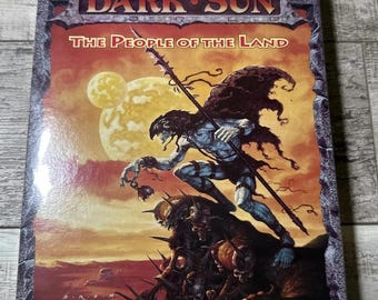 May include: A box for the Advanced Dungeons & Dragons Dark Sun World game, featuring the title "The People of the Land." The cover art depicts a warrior with a spear, set against a desert landscape with two moons. Includes "20 miniatures" and "Ages 14 & Up."
