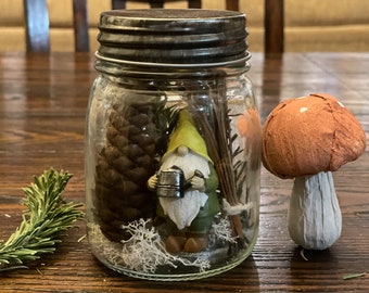 Gnome Decoration, Glass Jar Gnome Home, Home Decor, Boho, Fall, Winter, Gnome Terrarium, Nature Jar