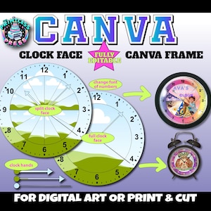 Könnte beinhalten: Eine Canva-Uhrgesichtsvorlage mit einem geteilten Uhrgesicht, einem vollständigen Uhrgesicht und Uhrzeigern. Die Vorlage ist vollständig editierbar und kann für digitale Kunst oder zum Ausdrucken und Ausschneiden verwendet werden.