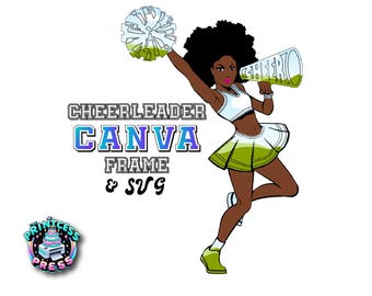 Afro Cheerleader Canva Frame & SVG | Any Color Cheerleader Clip Art | Create Your Own PNG in Canva | Drag + Drop Cheer Graphic