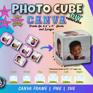 Modello di cubo fotografico / Cubo fotografico completamente modificabile con cornice Canva, file PNG e SVG inclusi / Cubo fotografico personalizzato con trascinamento della selezione, scatola fotografica fai da te
