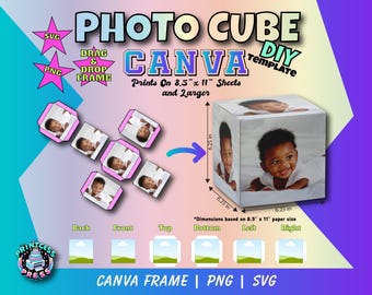 Photo Cube Template | Fully Editable Photo Cube Canva Frame PNG & SVG File Included | Custom Drag and Drop Photo Box Cube DIY Photo Box
