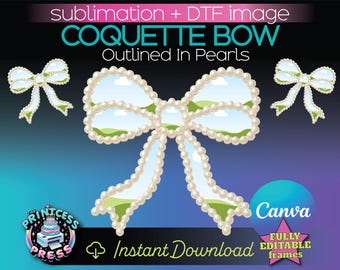 Coquette Bow with Pearl Outline PNG Canva Frame Edition | Coquette Pearl Bow SVG Canva Frame Ed. | Pearl Outlined Bow | Canva Frame ClipArt
