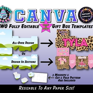 May include: Two fully editable Canva gift box templates. The first template features a blue sky, green hills, and white clouds. The second template features a leopard print background with pink accents and the name "TYLA". Both templates include 3 mockups and a cut and fold pattern.