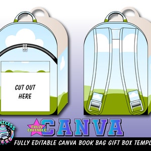 Book Bag Gift Box Template Canva Frame | Designer HandBag Template PNG | Fully Editable | Custom Back Pack Gift Box | Back to School