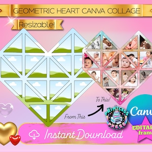 Colagem de coração geométrico Canva Frame | Moldura de imagem de coração | Modelo de moldura de foto de coração | Moldura de arrastar e soltar Canva | Colagem de fotos Canva