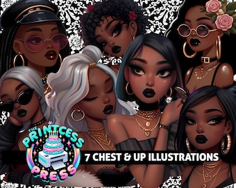 7 PACK BUNDLE of Black Brown Skin Goth Girl Clip Art | High Quality Transparent PNG | Black Goth Girls