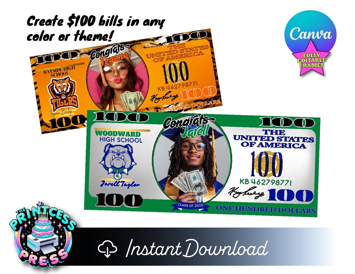 Custom Play Money Example Giant Hundred Dollar Bill Template Canva Frame | Drag & Drop Play Money ...