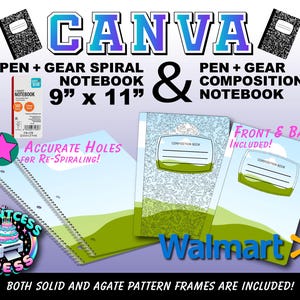 Plantilla de cuaderno de composición en blanco y plantilla de cuaderno espiral con bolígrafo y engranajes / Plantilla de cuaderno espiral de 9 x 11 pulgadas / Plantilla de cuaderno espiral DIY
