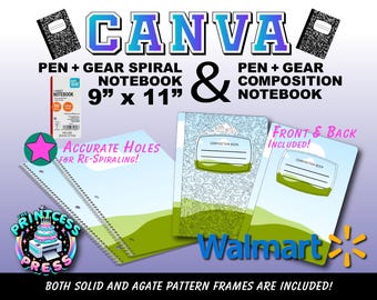 Blank Composition Book Template & Pen + Gear Spiral Notebook Template | 9x11 In. Spiral Notebook Template | DIY Spiral Notebook Template