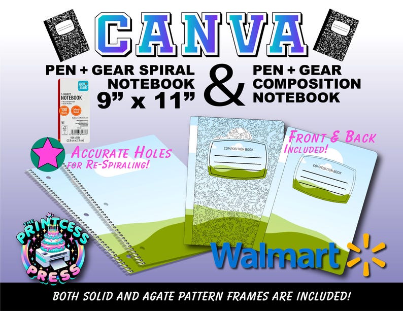 Blank Composition Book Template & Pen + Gear Spiral Notebook Template | 9x11 In. Spiral Notebook Template | DIY Spiral Notebook Template image 1
