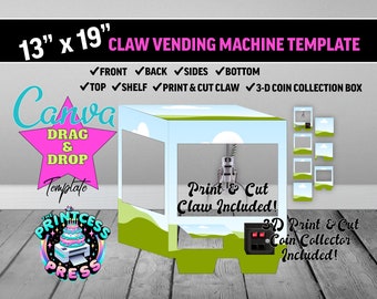 Claw Vending Machine Template for Canva + Free 3D Coin Collector Box Template | 13 x 19 inch | DIY Vending Machine Designs
