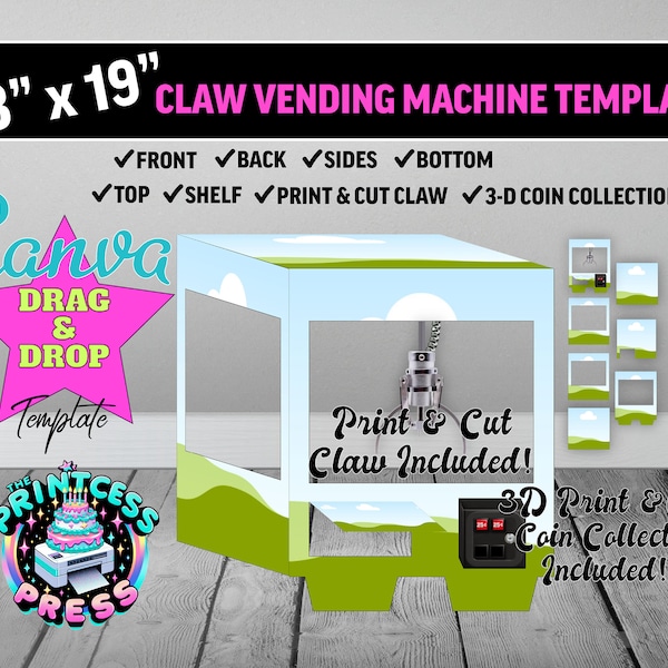 Claw Vending Machine Template for Canva + PNG Files | 13 x 19 | Drag & Drop Design Easy