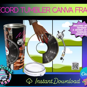 Pode incluir: Um modelo de moldura Canva para um copo skinny ou cônico de 20 onças com um toca-discos e um disco em cima. O modelo inclui um código QR e o texto "Inclui modelos de copo cônico e skinny de 20 oz".