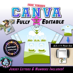 Puede incluir: Una plantilla digital para una camiseta de fútbol personalizable con el texto "DAD 89" sobre un fondo azul y verde. La plantilla es totalmente editable e incluye letras y números de camiseta. La imagen también muestra una impresora y una versión más pequeña de la camiseta con una foto de una familia.