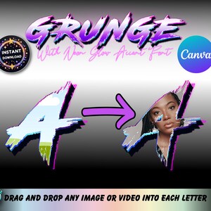 May include: A digital graphic design template with the word "GRUNGE" in a neon pink and blue font. The text "With Neon Glow Accent Font" is below the word "GRUNGE". The template shows a blue and pink letter "4" with a sky and grass image inside. The letter "4" is transformed into a letter "4" with a woman's face inside. The text "DRAG AND DROP ANY IMAGE OR VIDEO INTO EACH LETTER" is at the bottom of the image.