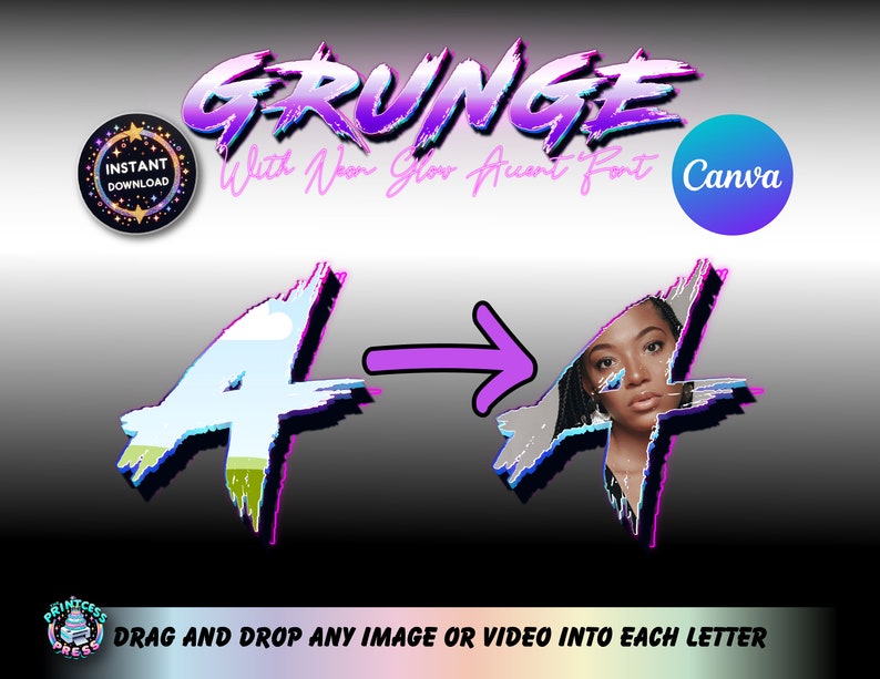 May include: A digital graphic design template with the word "GRUNGE" in a neon pink and blue font. The text "With Neon Glow Accent Font" is below the word "GRUNGE". The template shows a blue and pink letter "4" with a sky and grass image inside. The letter "4" is transformed into a letter "4" with a woman's face inside. The text "DRAG AND DROP ANY IMAGE OR VIDEO INTO EACH LETTER" is at the bottom of the image.