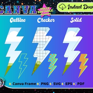 May include: A digital illustration of a lightning bolt in three different styles: outline, checkerboard, and solid. The lightning bolt is blue with a white cloud inside. The background is a gradient of blue and purple. The text "Canva Frame PNG SVG EPS PDF" is at the bottom of the image.